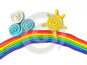 Colorful plasticine clay, beautiful sky dough, rainbow sun cloud handmade, white background