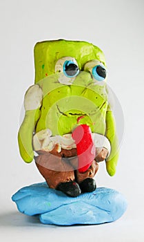 Colorful Plasticine or Clay Sponge Bob square pants, created by hands