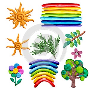 Colorful plasticine 3D nature objects icons isolated on white background photo