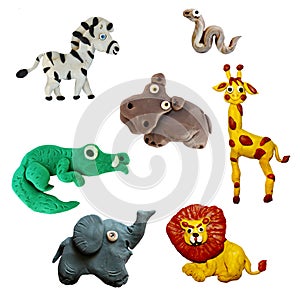 Colorful plasticine 3D wild African  animals  icons set isolated on white background