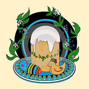 Colorful plate with eggs and Easter cake