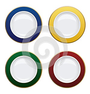 Colorful plate with gold rims on white background. Vector illustration