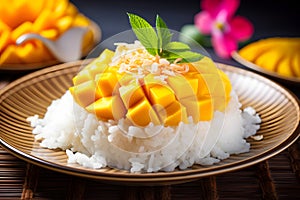 A colorful plate of Mango Sticky Rice. Ai Generated.NO.01