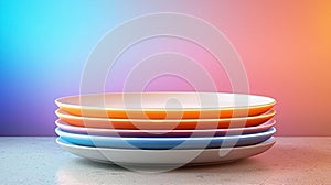 Colorful Plates Stacked on a Table Against a Gradient Background