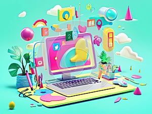 Colorful and Playful Digital Workspace Design with Floating Icons and Creative Elements
