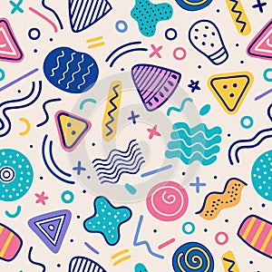 Colorful, playful shapes create an abstract pattern on a neutral background