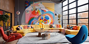 Colorful, playful, sunny interior design of modern living room, panorama