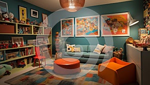 Colorful playroom with modern design, comfortable sofa, and educational toys generated by AI