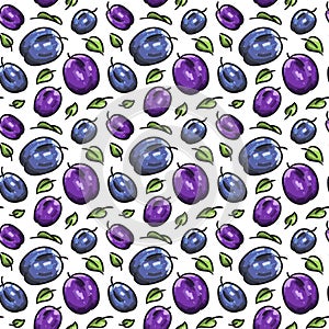 Colorful plum fruits vector seamless pattern on white background