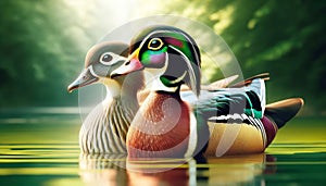 Colorful Plumage Male Wood Ducks Swimming Marsh Waterfowl Springtime Morning Sunrise AI Generated