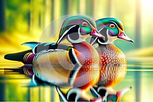 Colorful Plumage Male Wood Ducks Swimming Marsh Waterfowl Springtime Morning Sunrise AI Generated