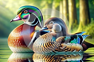 Colorful Plumage Male Wood Ducks Swimming Marsh Waterfowl Springtime Morning Sunrise AI Generated