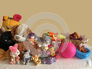 colorful plush and rubber toys on the table