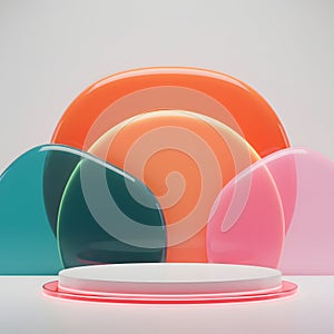 Colorful podium with abstract shapes and white background