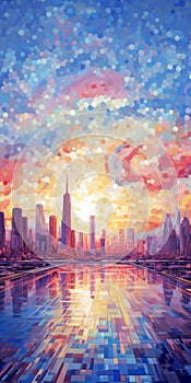 Colorful Pointillism Cityscape: Abstract Sunset Over The Sea