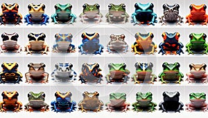 Colorful poisonous frogs on a white background. Set of different aligned frogs. Generative Ai