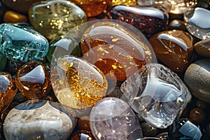Colorful polished gemstones and pebbles, close-up