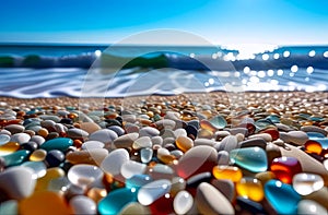 colorful polished stones on the beach with ocean waves and blue sky in background. concepts: promoting beach photo