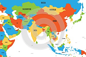 Colorful political map of western, southern and eastern Asia. Simple flat vector illustration