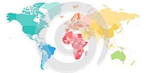 Colorful political map of World divided into six continents. Blank vector map in rainbow spectrum colors