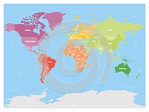 Colorful political map of World divided into six continents on blue background. With countries, capital cities, seas and