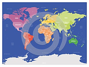 Colorful political map of World divided into six continents on dark blue background. With countries, capital cities