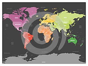 Colorful political map of World divided into six continents on dark grey background. With countries, capital cities