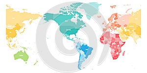 Colorful political map of World divided into six continents and focused on Americas. Blank vector map in rainbow