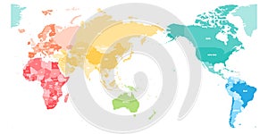 Colorful political map of World divided into six continents and focused on Asia, Australia and Oceania region. Blank