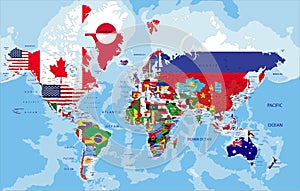 Colorful political map of the world with flags.