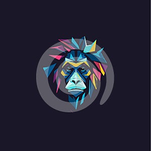 Colorful polygonal monkey head mascot logo, abstract geometric chimpanzee portrait in modern futuristic style with