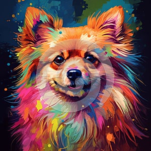 Colorful Pomeranian Dog Painting In Digital Art Style