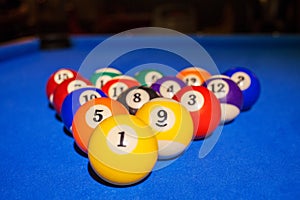 Colorful pool balls on billiard table