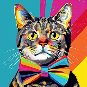 Colorful Pop Art Cat With Bow Tie: A Tribute To Andy Warhol