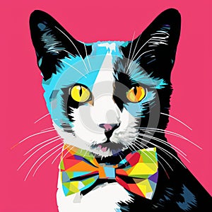 Colorful Pop Art Cat: Japanese Bobtail With Bowtie photo