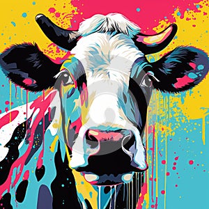 Colorful Pop Art Cow On Dripping Paint Background