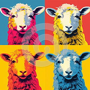 Colorful Pop Art: Four Sheep Portraits In Andy Warhol Style