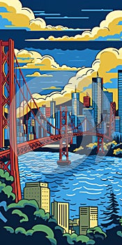 Colorful Pop Art Illustration Of San Francisco With Golden Gate River