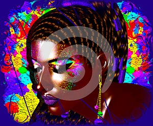 Colorful pop art image of a woman`s face. This is a digital art image of a close up woman`s face in pop art style.