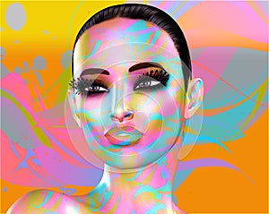 Colorful pop art image of a woman`s face. This is a digital art image of a close up woman`s face in pop art style.