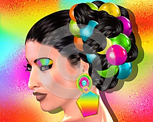 Colorful pop art image of a woman`s face. This is a digital art image of a close up woman`s face in pop art style.