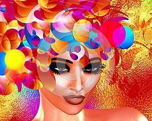 Colorful pop art image of a woman`s face. This is a digital art image of a woman`s face close up in pop art style. photo