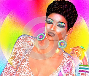 Colorful pop art image of woman`s face with fashion cosmetics.