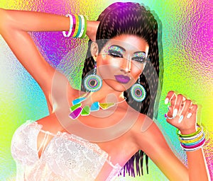 Colorful pop art image of woman`s face with fashion cosmetics.