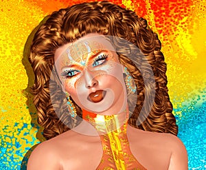 Colorful pop art image of woman`s face with fashion cosmetics.