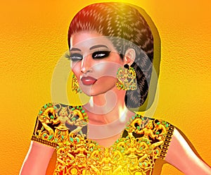 Colorful pop art image of woman`s face with fashion cosmetics, gold background.