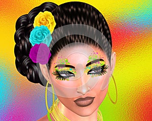 Colorful pop art image of woman`s face with flowers in hair.