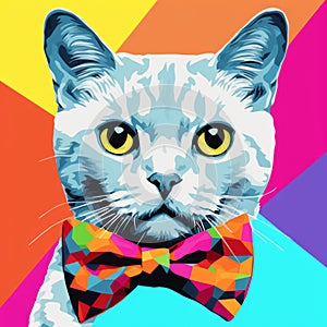 Colorful Pop-art Inspired Graphic Design: American Shorthair Cat With Bow Tie