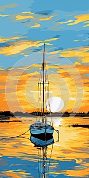 Colorful Pop Art Sailboat In Kittery Harbor Sunset Beach