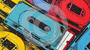 Colorful pop art style vintage cassette illustration. Stylized audio tape with vibrant hues. Concept of retro music, pop